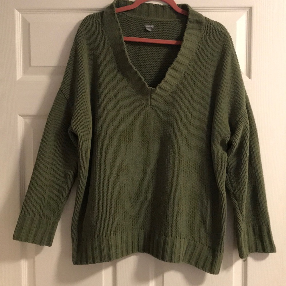 Oversized olive green v neck sweater